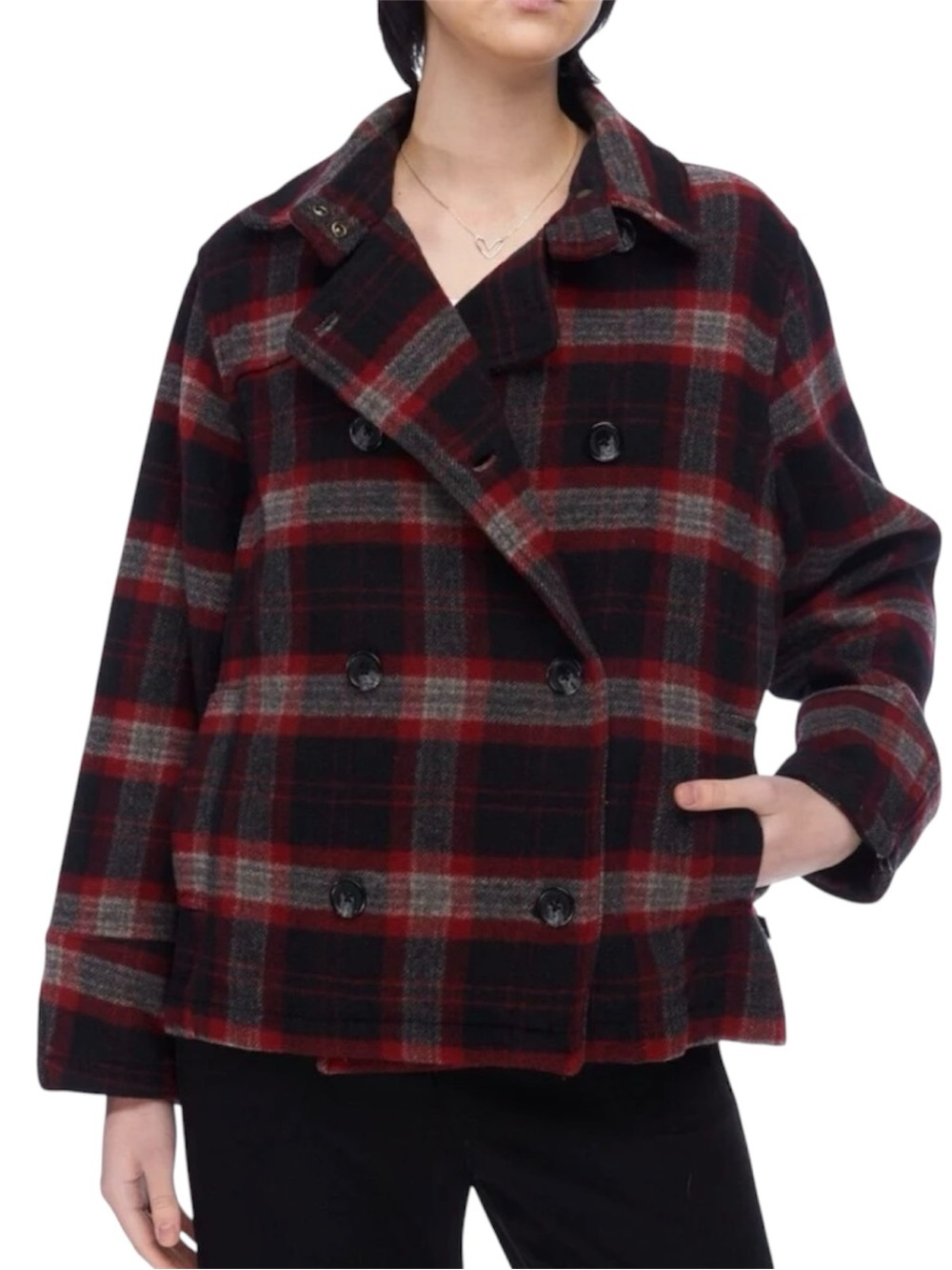 Woolrich Red and Black Plaid Double-Breasted Pea Coat Large